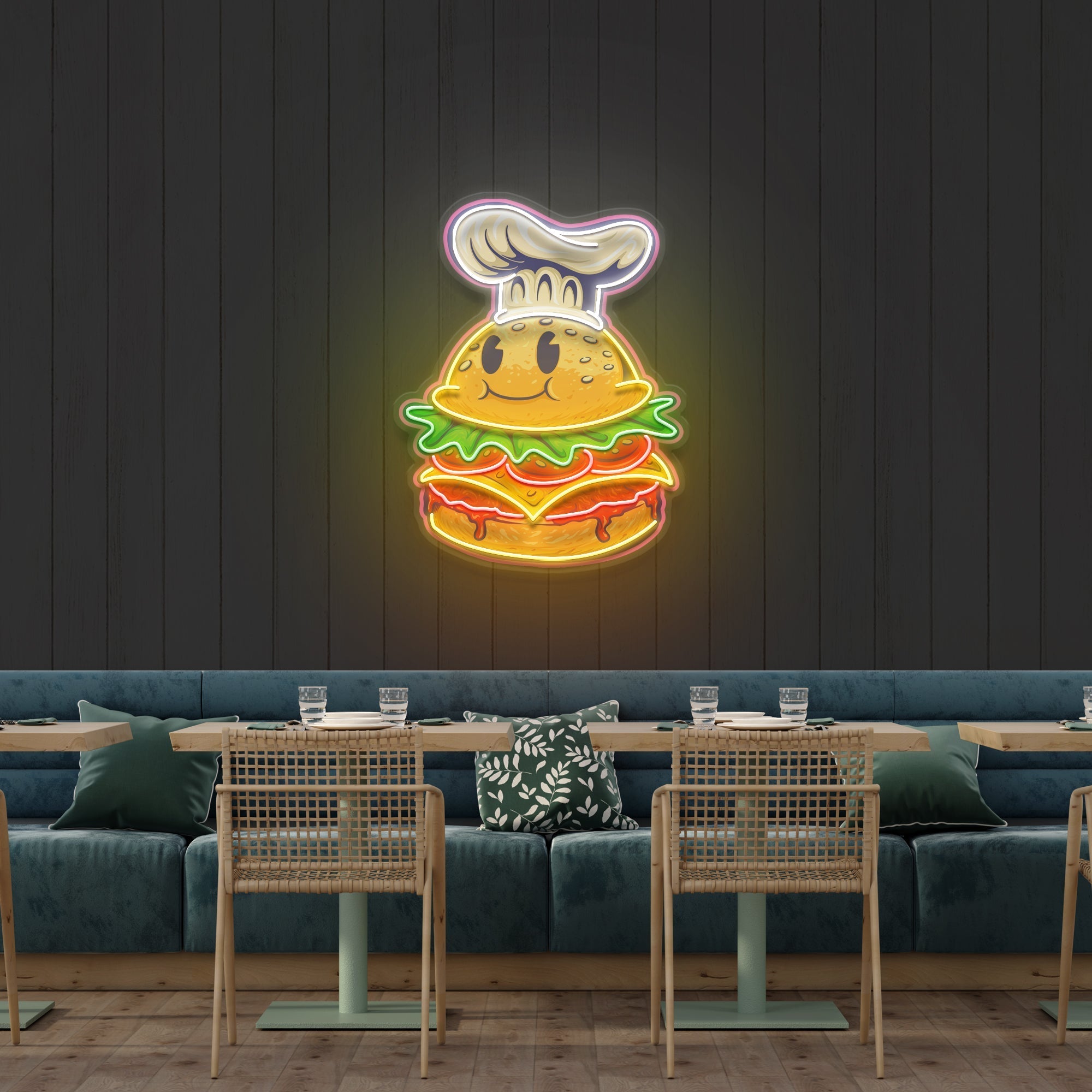 Burger Chef Food Cartoon Character Logo Mascot Artwork Led Neon Sign Light