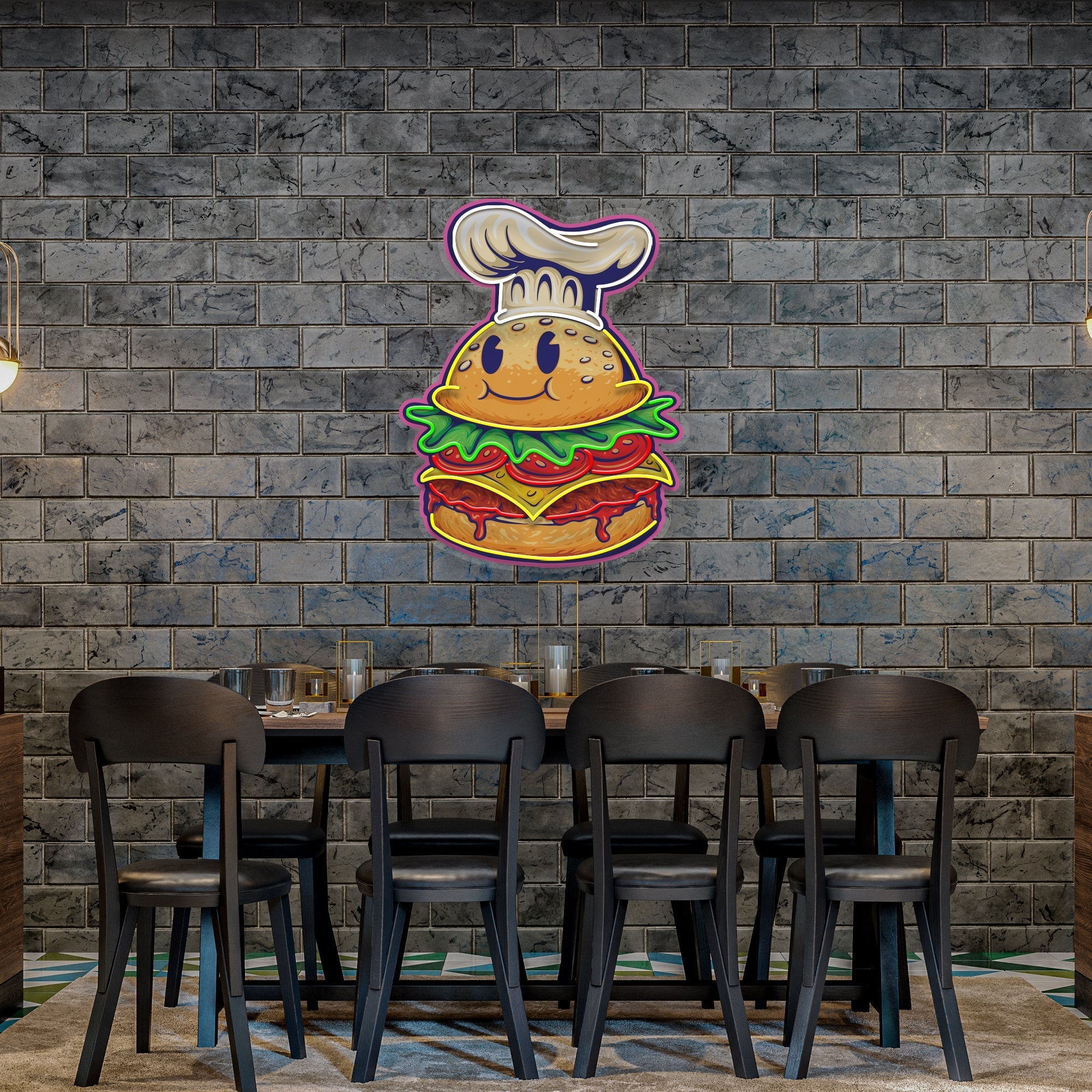 Burger Chef Food Cartoon Character Logo Mascot Artwork Led Neon Sign Light