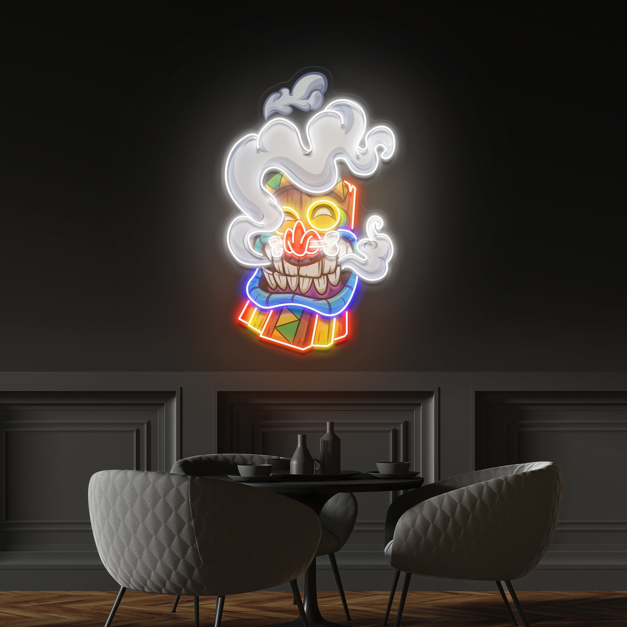 Cartoon Happy Smoking Tiki Mask Artwork Led Neon Sign Light