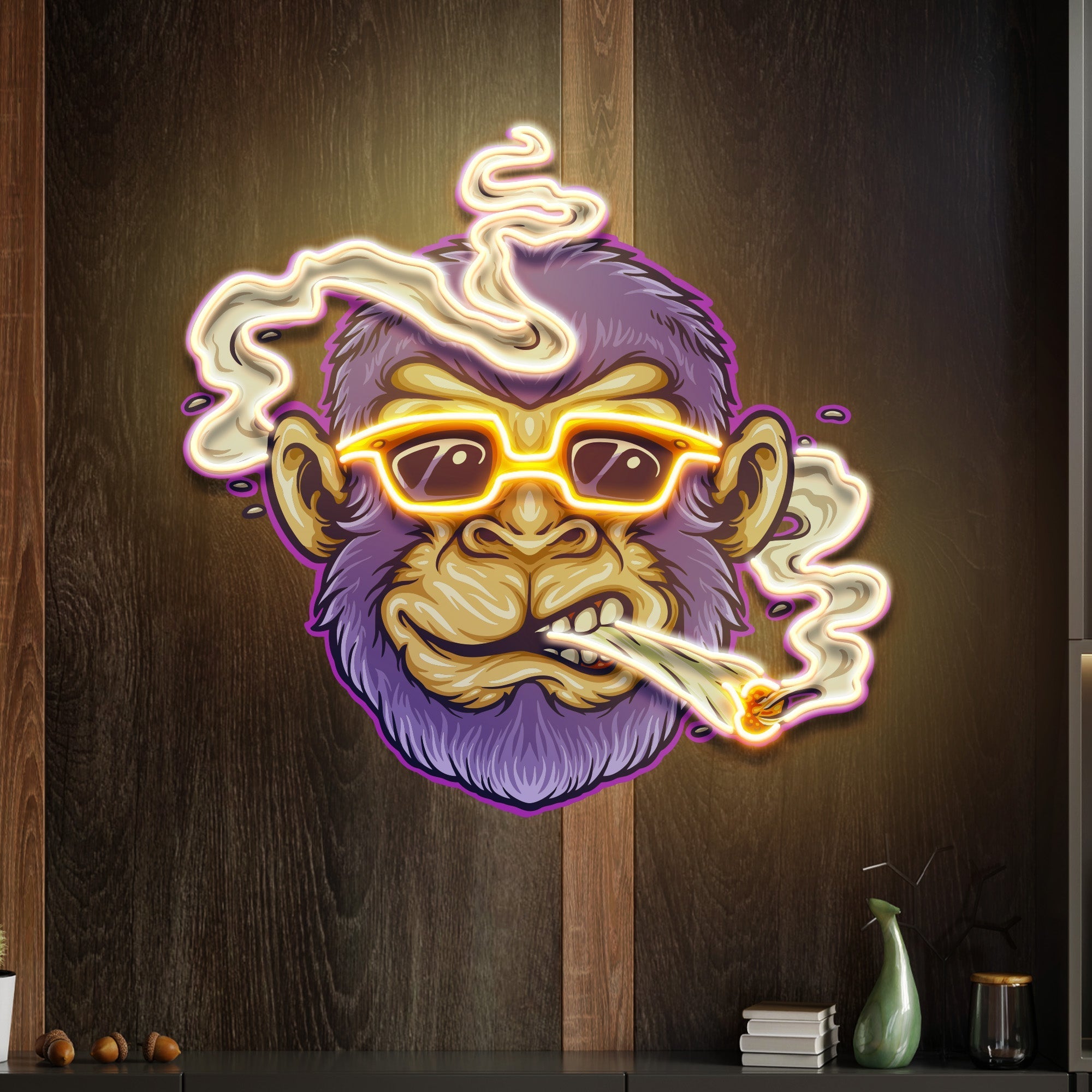 Custom Name Cool Monkey Stoner Cannabis Smoking Artwork Led Neon Sign Light