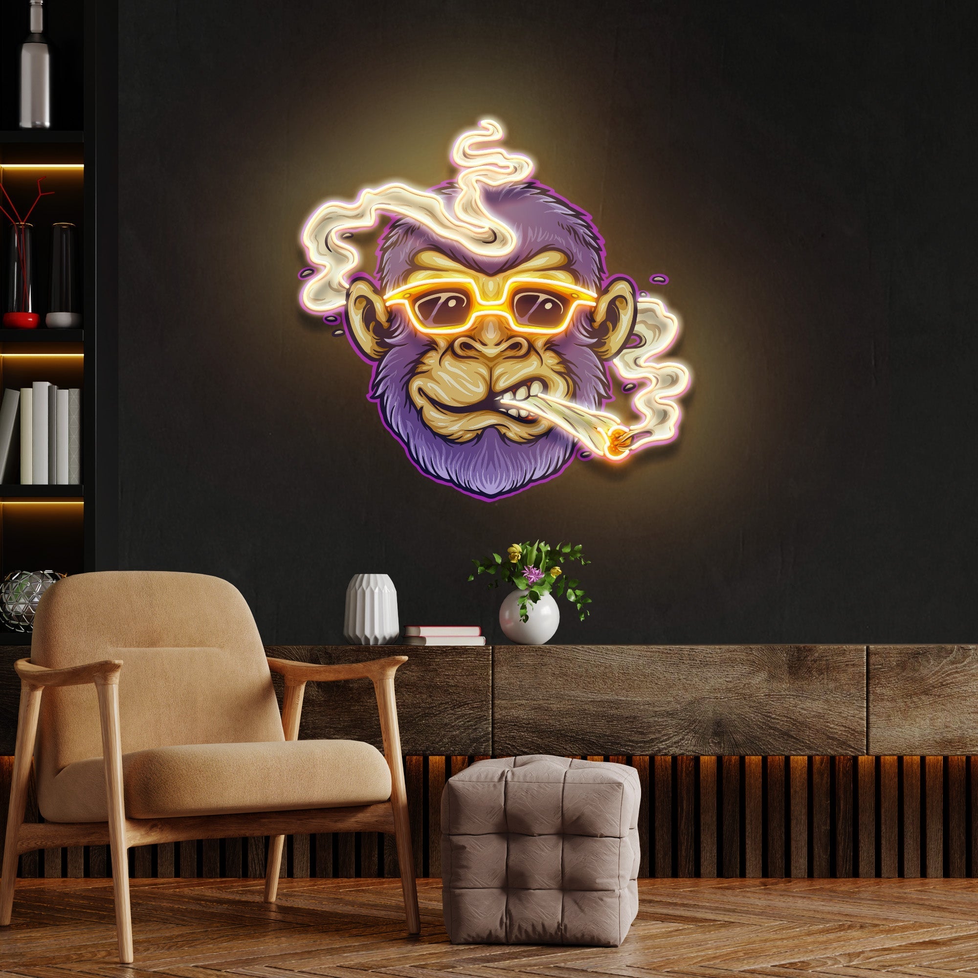 Custom Name Cool Monkey Stoner Cannabis Smoking Artwork Led Neon Sign Light