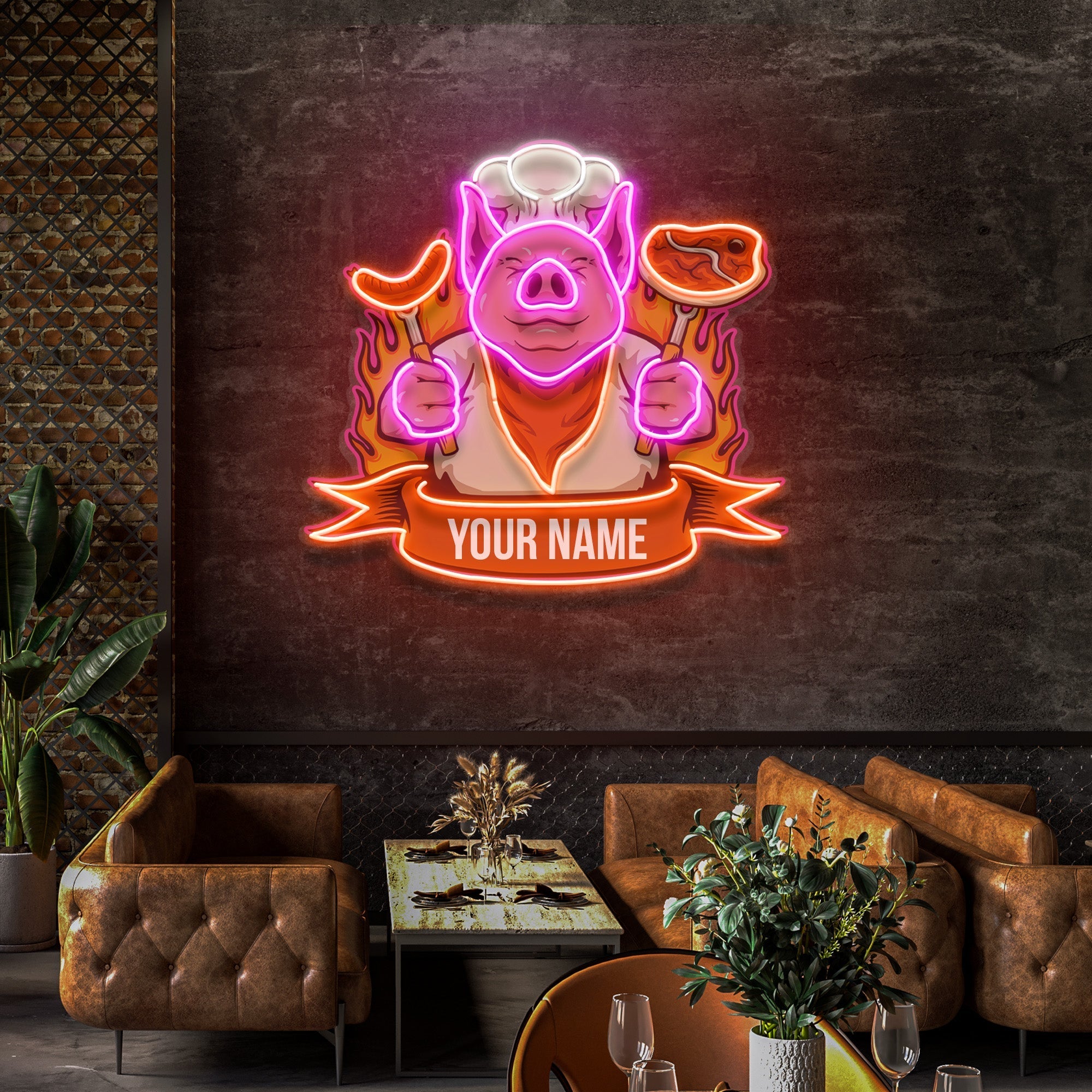 Custom Name Cute Chef Pig Delicious BBQ Meat Logo Artwork Led Neon Sign Light