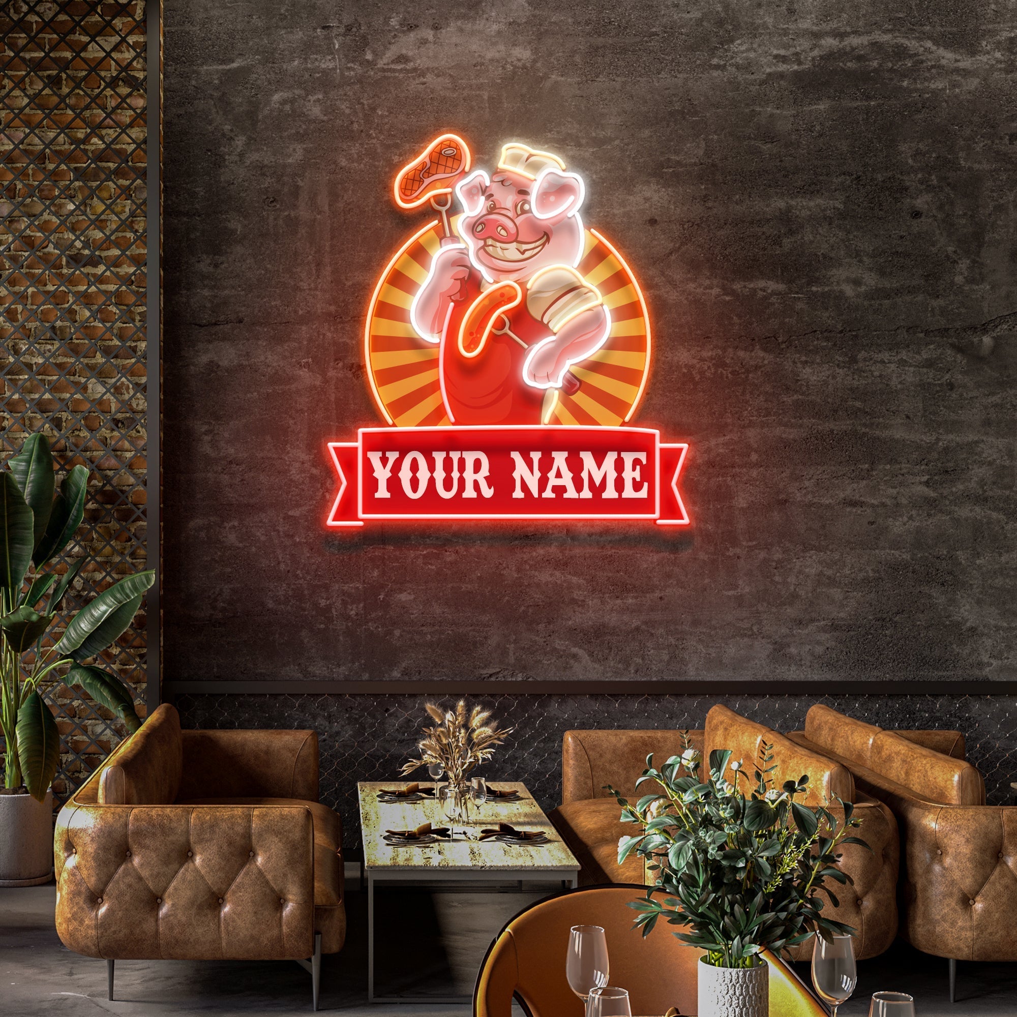 Custom Name Cute Chef Pig Holding Grill Artwork Led Neon Sign Light