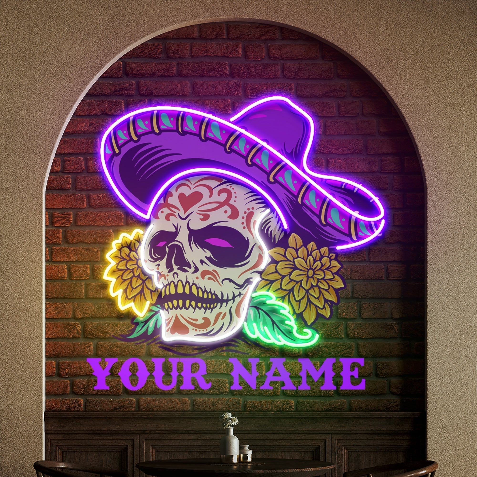 Custom Name Dia De Muertos Mexican Sugar Skull Artwork Led Neon Sign Light