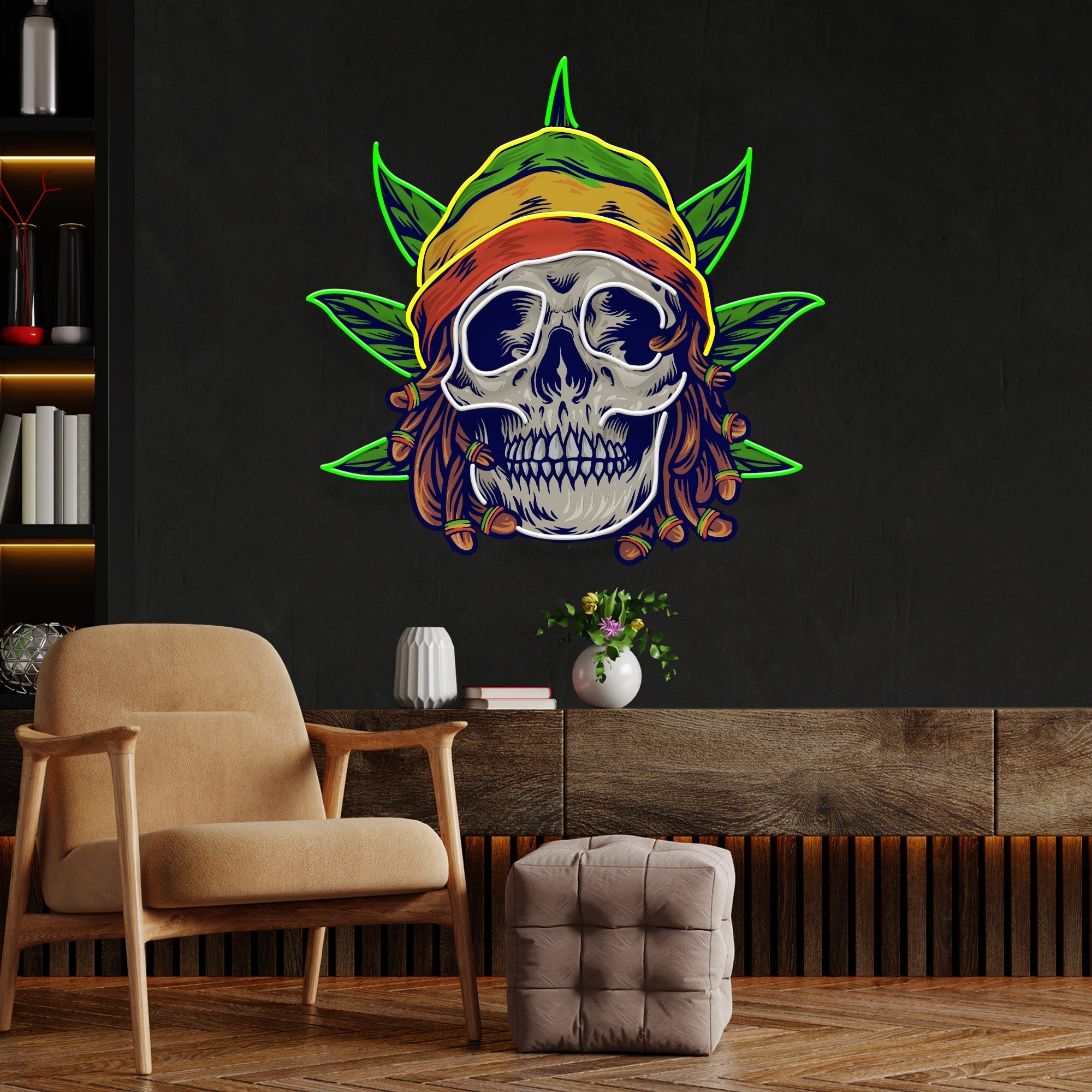 Custom Name Dreadlock Rastaman Skull Jamaican Leaf Weed Artwork Led Neon Sign Light