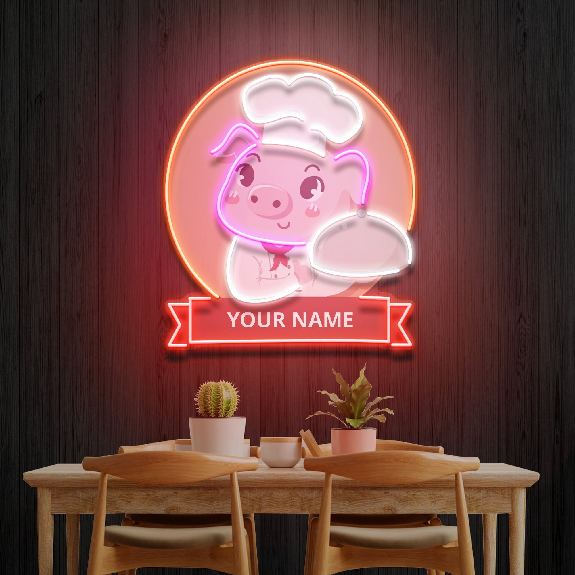 Custom Name Logo Cute And Friendly Pig Chef Holds Artwork Led Neon Sign Light