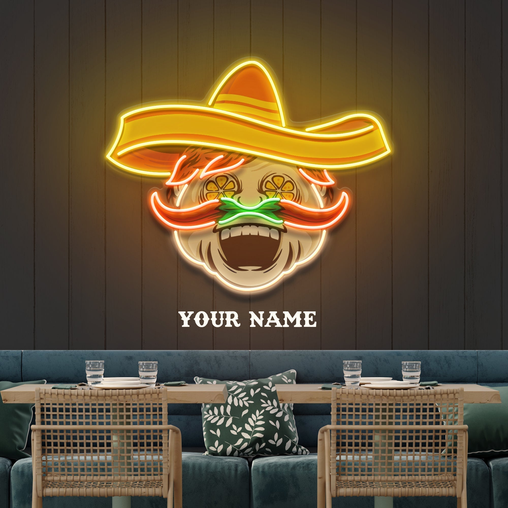 Custom Name Mexican Chef Cook Sombrero With Chili Decor Artwork Led Neon Sign Light