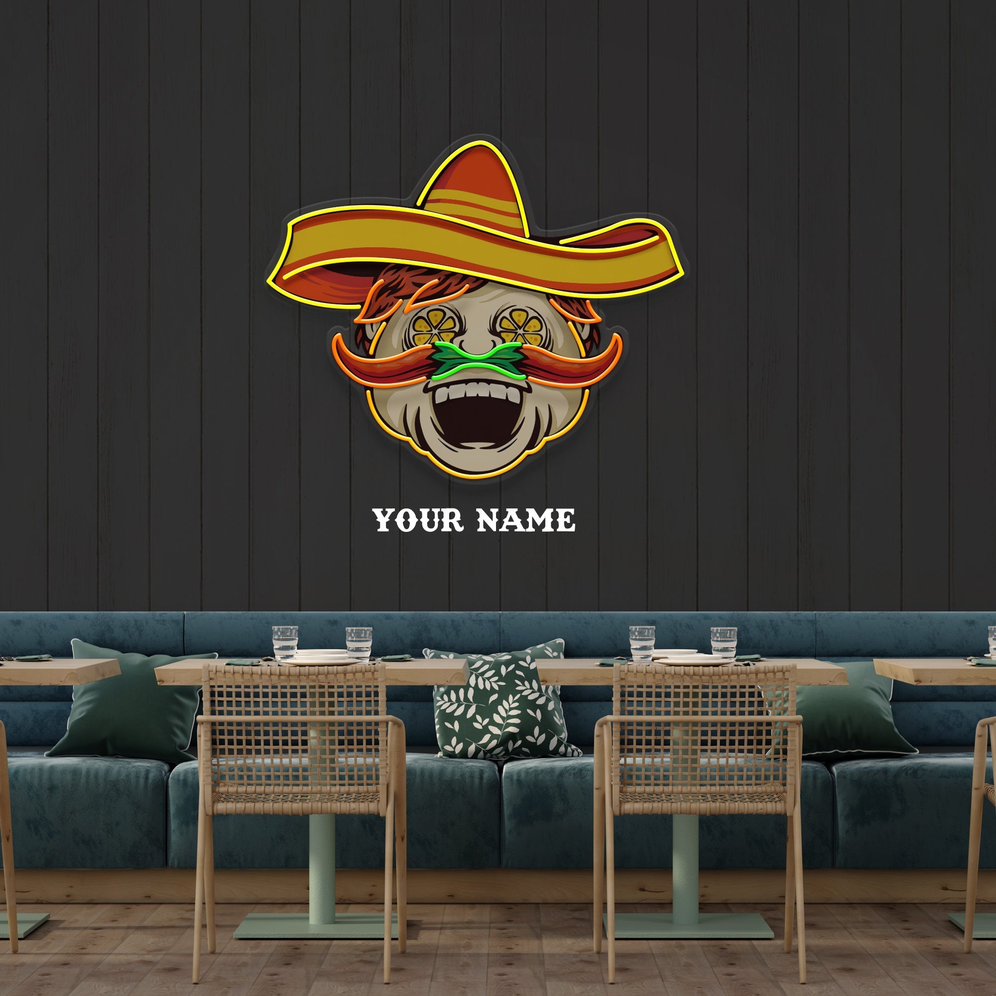 Custom Name Mexican Chef Cook Sombrero With Chili Decor Artwork Led Neon Sign Light