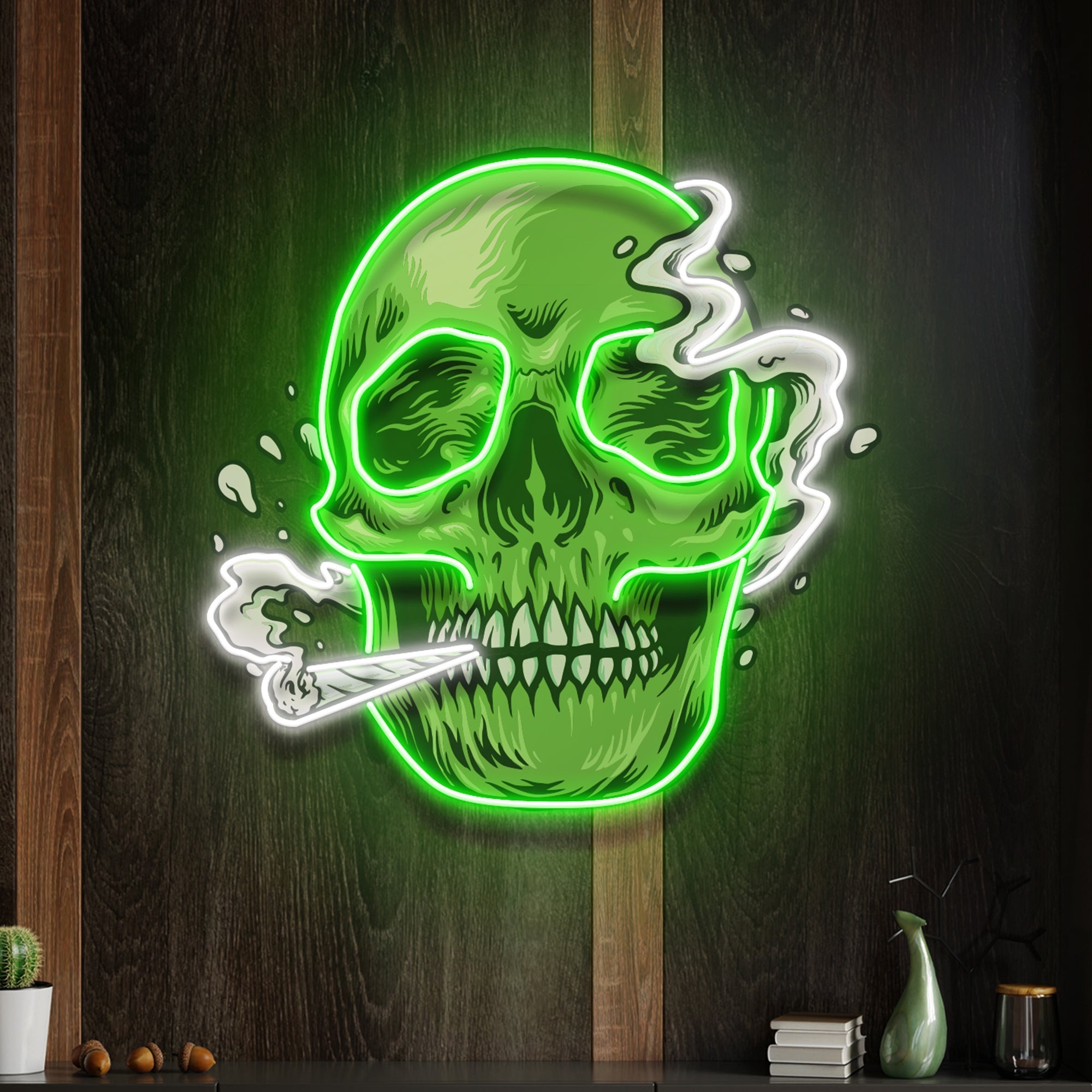 Custom Name Smoking Weed Green Skull Artwork Led Neon Sign Light