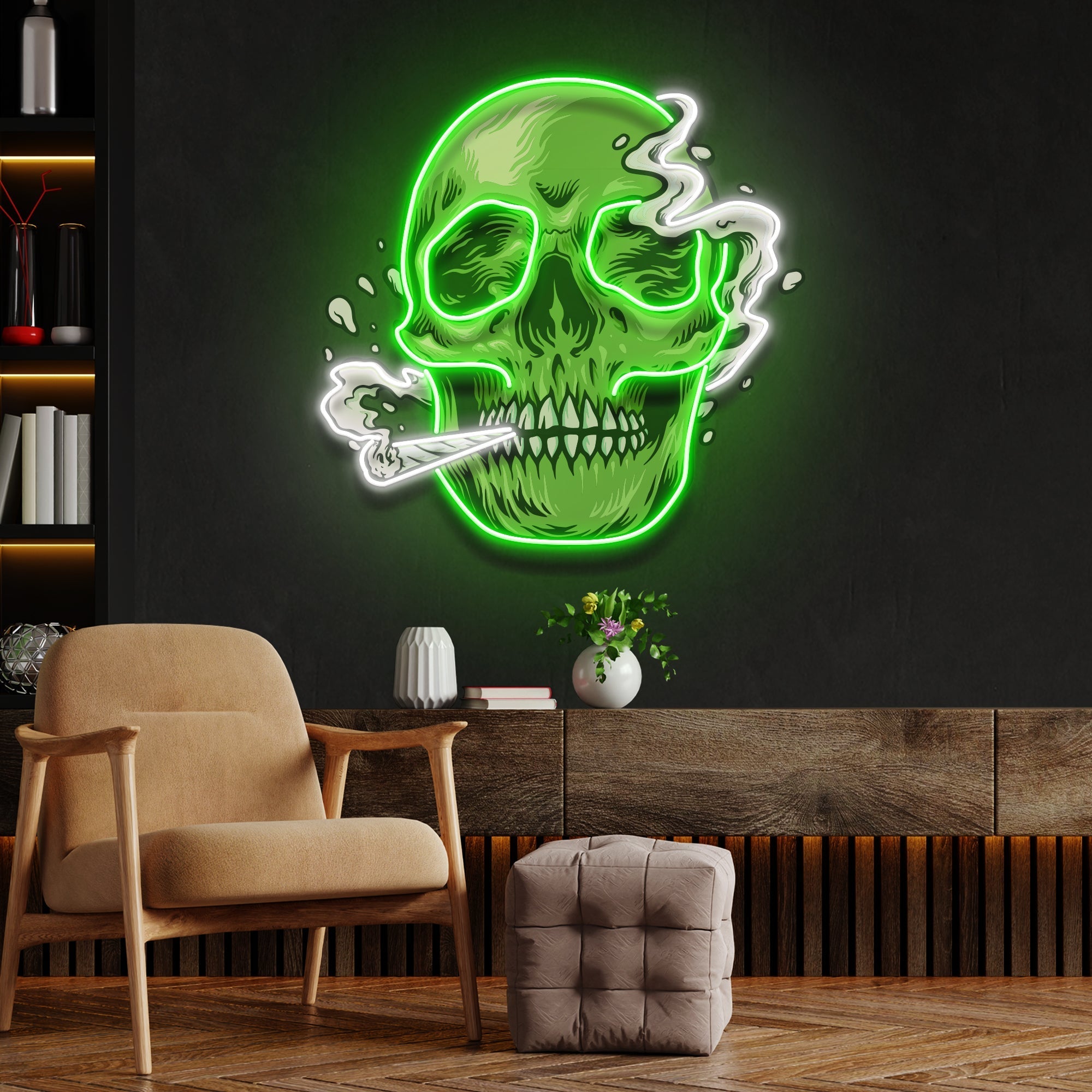 Custom Name Smoking Weed Green Skull Artwork Led Neon Sign Light