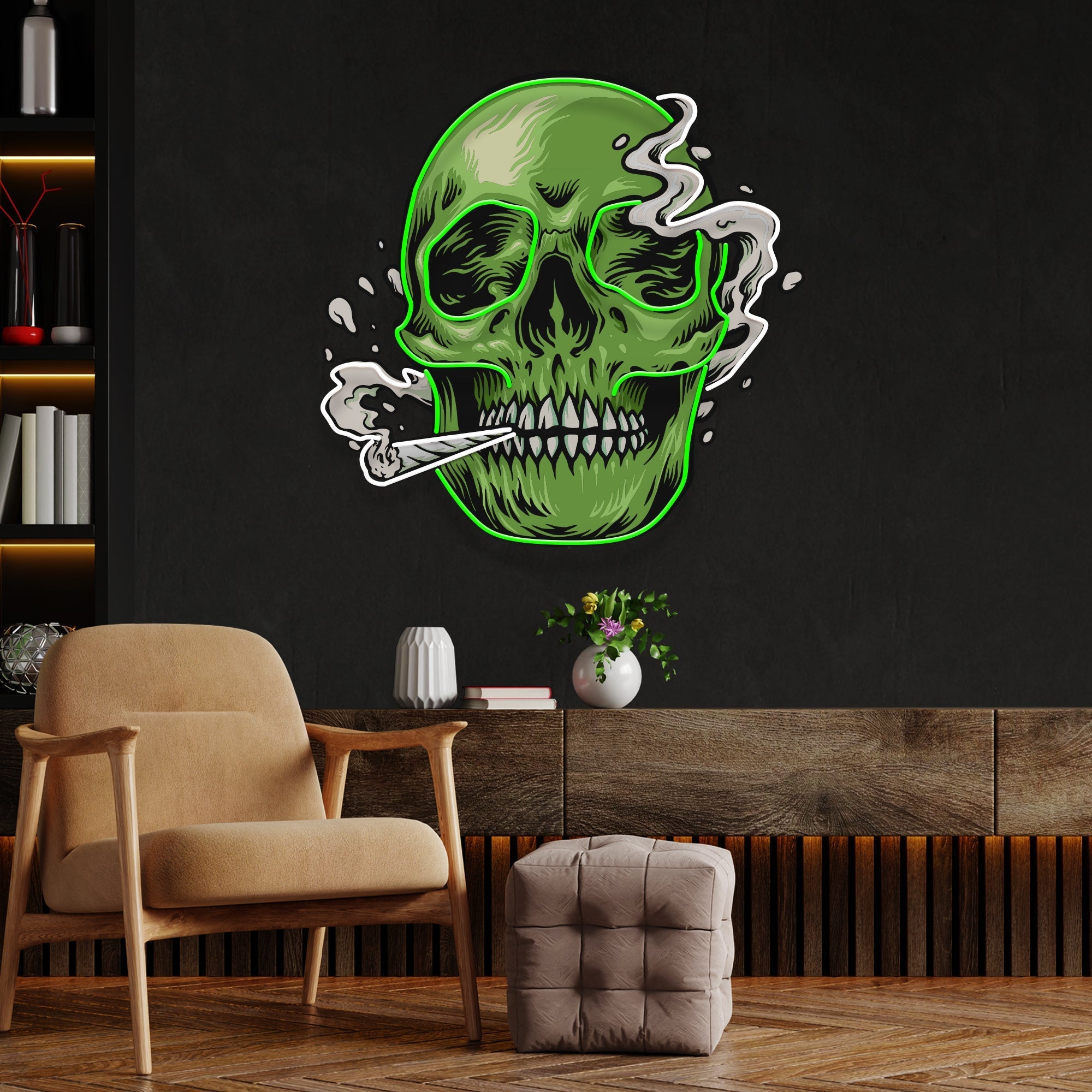 Custom Name Smoking Weed Green Skull Artwork Led Neon Sign Light