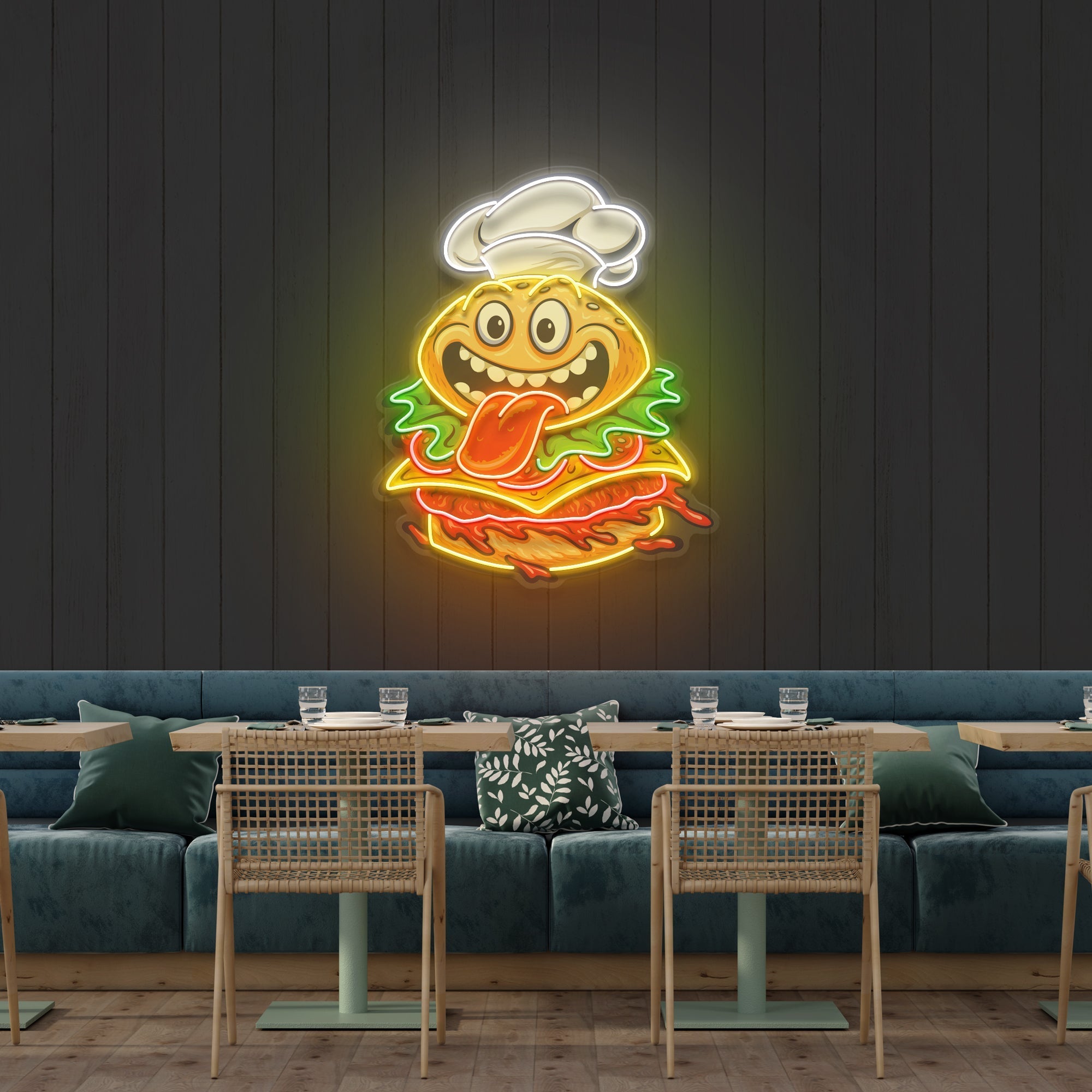 Funny Burger Chef Logo Mascot Artwork Led Neon Sign Light