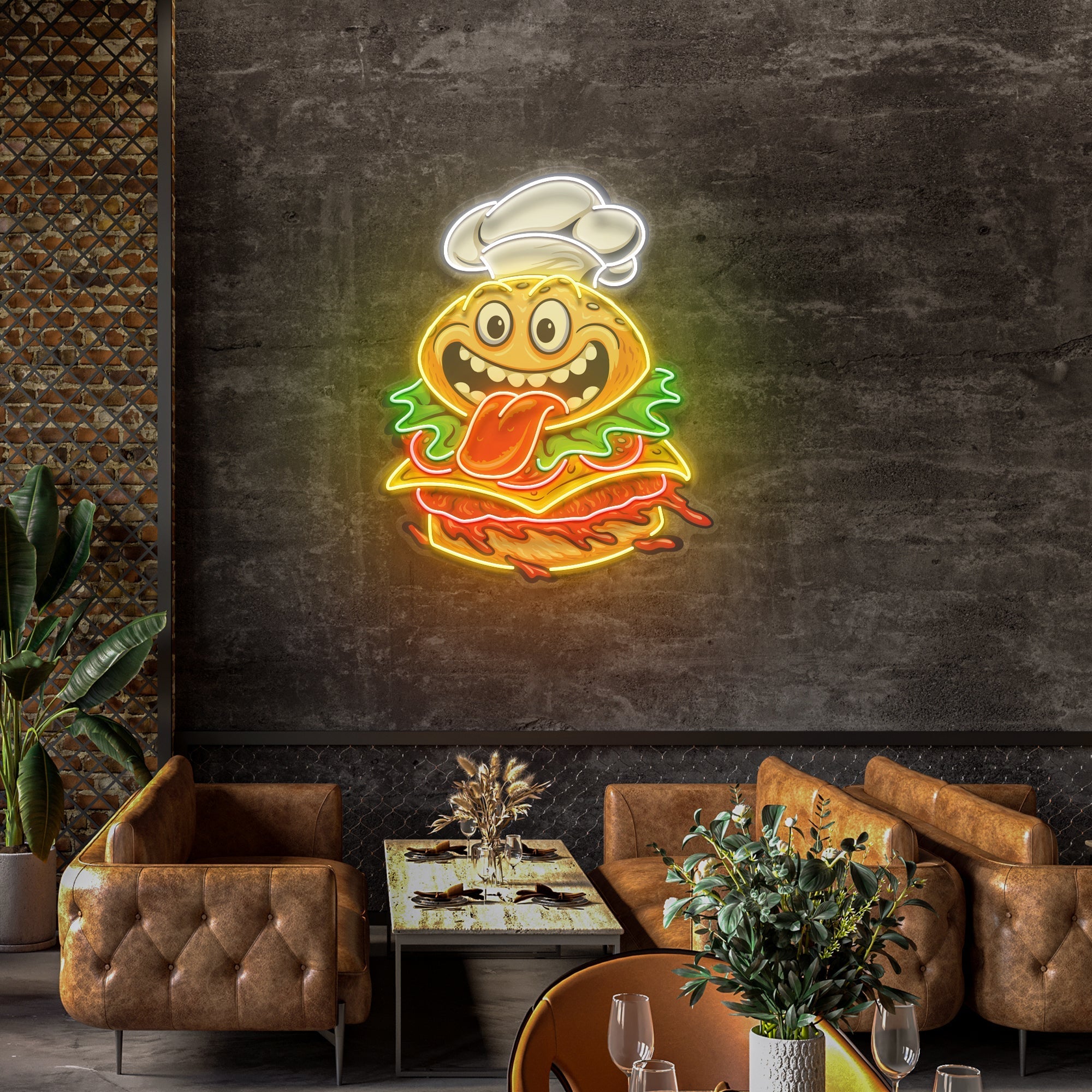 Funny Burger Chef Logo Mascot Artwork Led Neon Sign Light