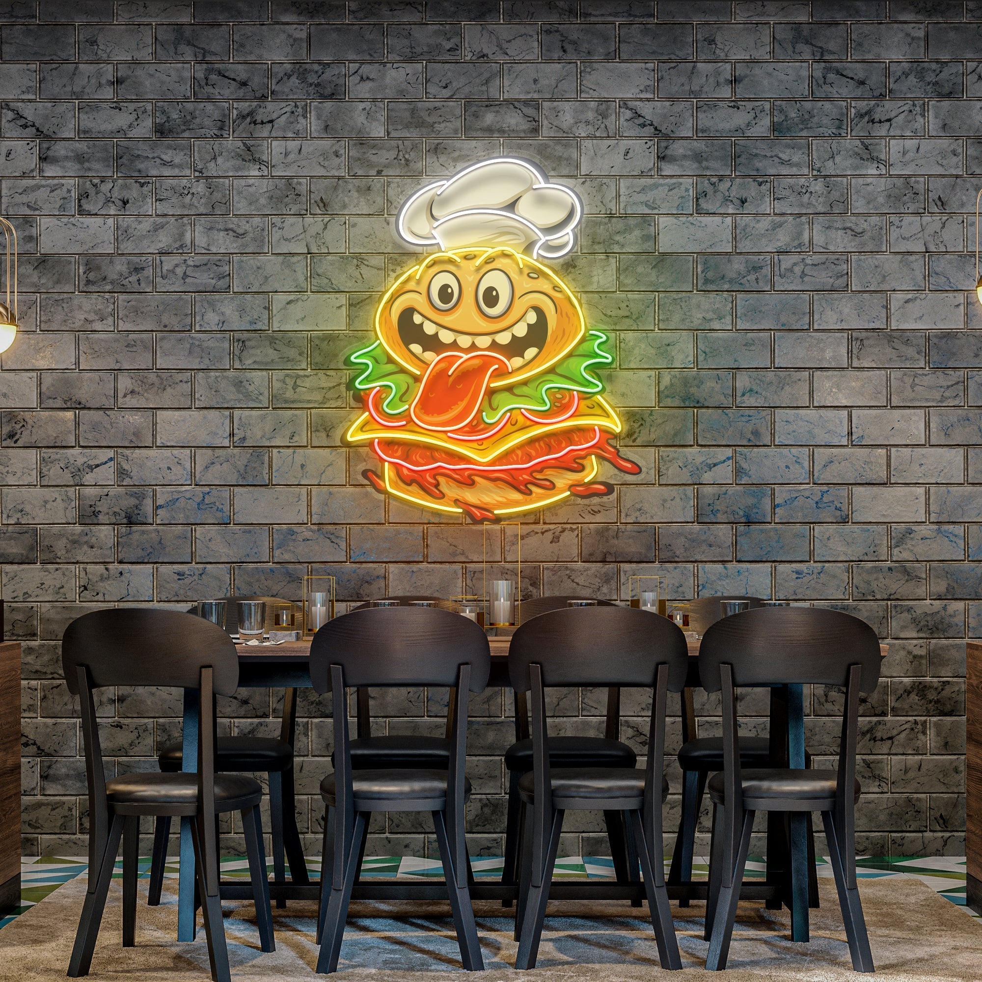 Funny Burger Chef Logo Mascot Artwork Led Neon Sign Light