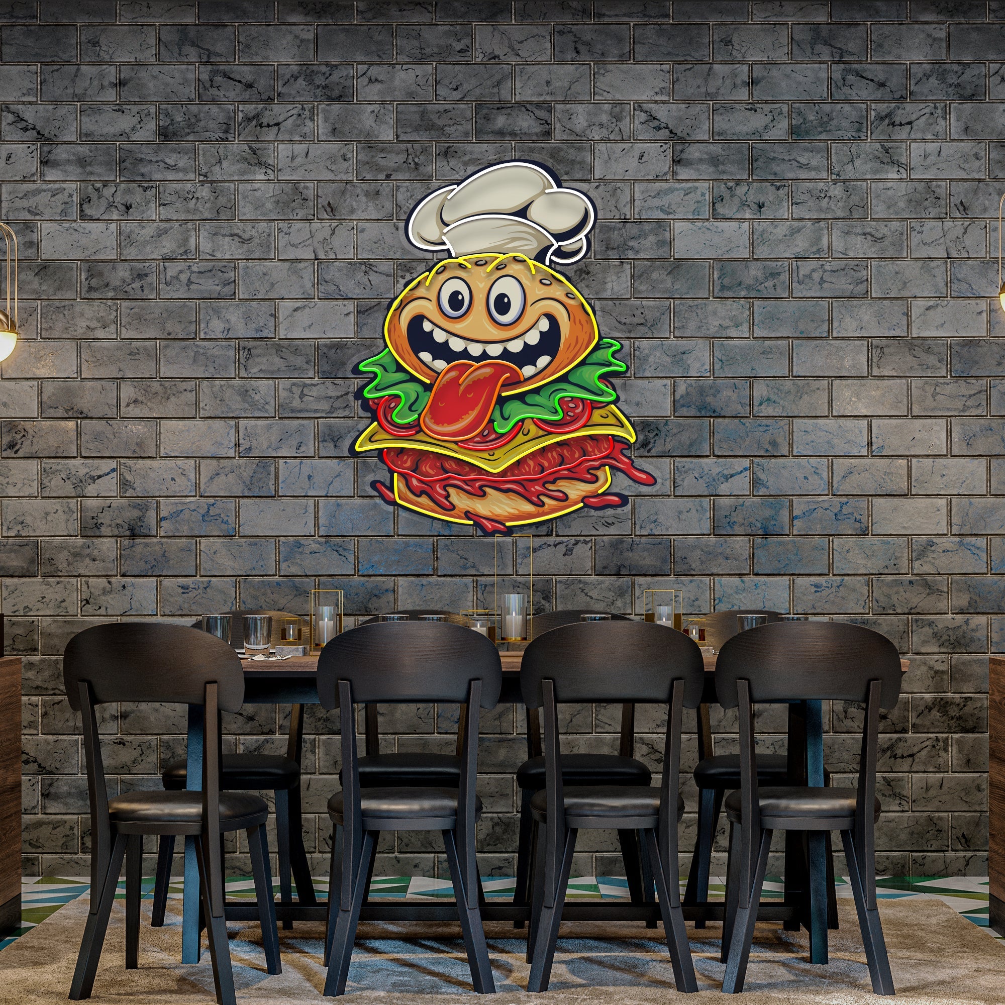 Funny Burger Chef Logo Mascot Artwork Led Neon Sign Light