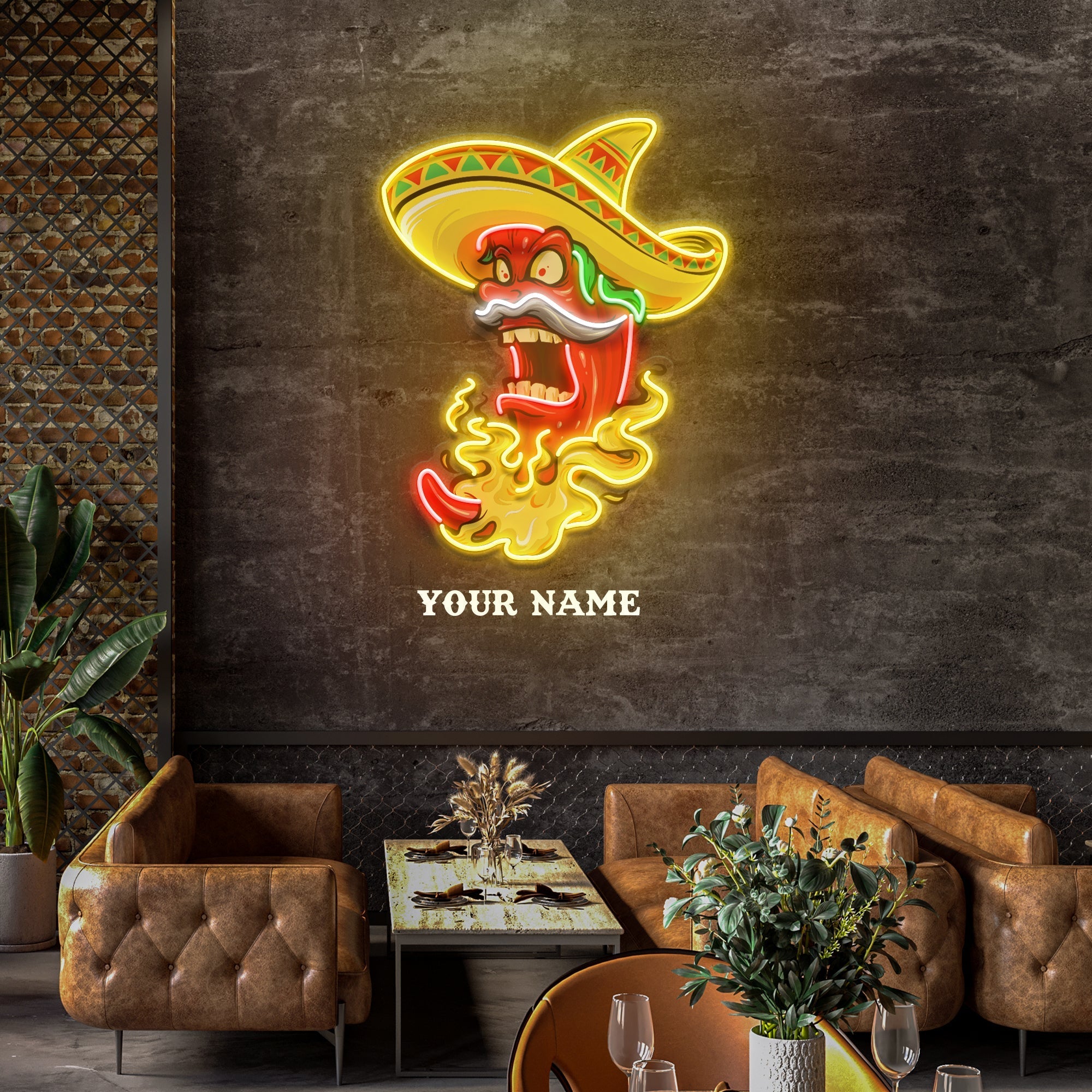 Custom Name Mexican Red Hot Chili Pepper With Hat Artwork Led Neon Sign Light