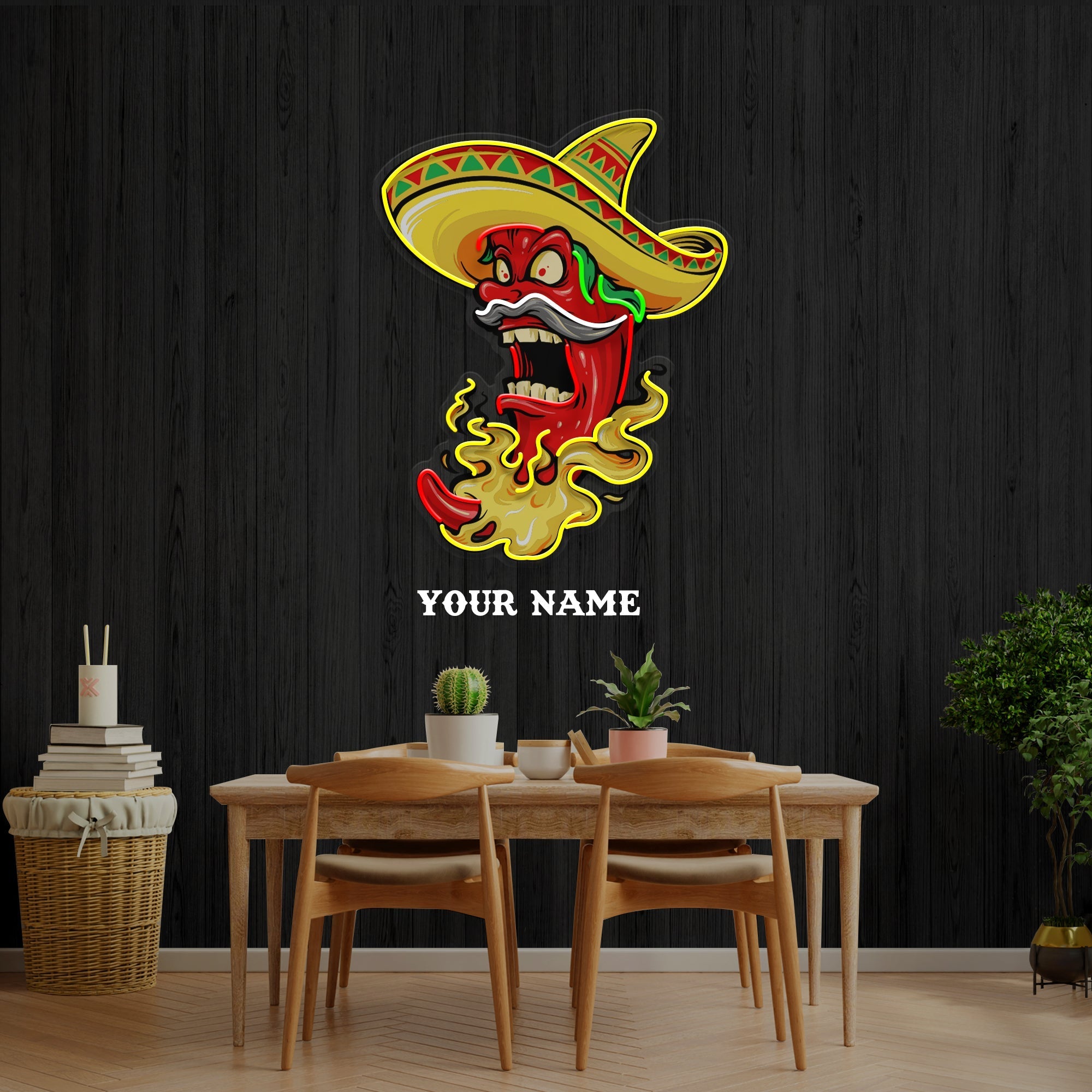 Custom Name Mexican Red Hot Chili Pepper With Hat Artwork Led Neon Sign Light