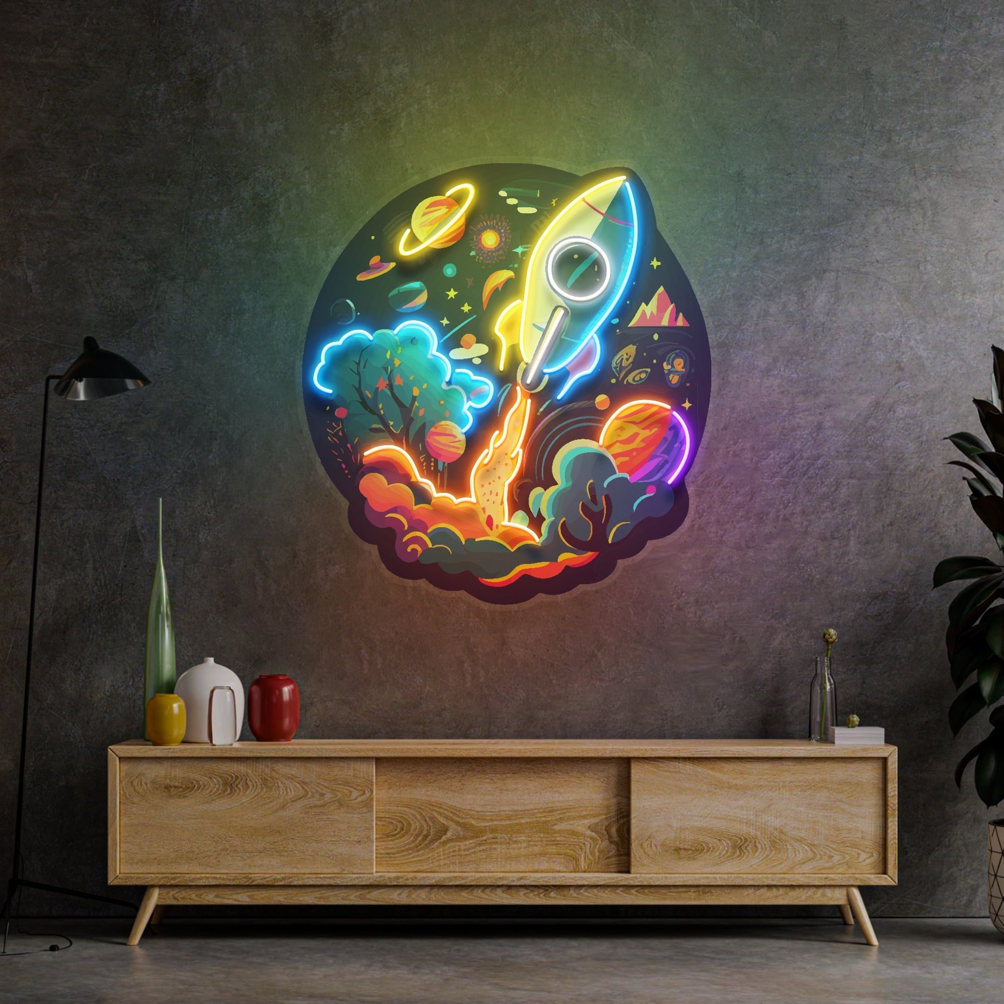 Rocket Launching Universe LED Neon Sign Light Pop Art